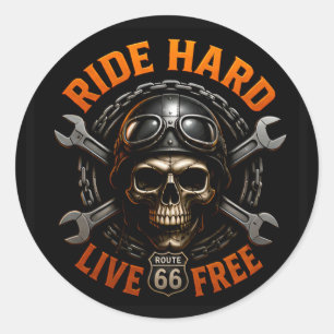 Sticker Rond ☠️ Graphisme de crâne de la route 66 pour motards 