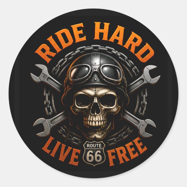 Sticker Rond ☠️ Graphisme de crâne de la route 66 pour motards  (Devant)