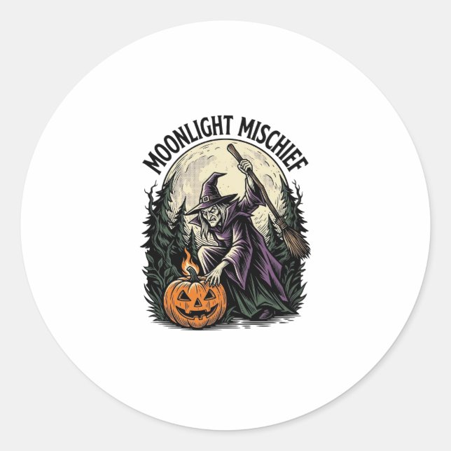 Sticker Rond Graphisme de malice au clair de lune de sorcière d (Devant)