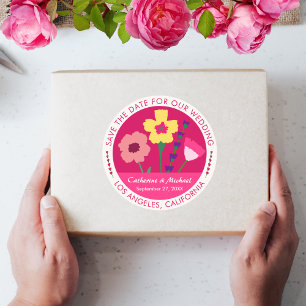 Sticker Rond Gras & Lumineux Fuchsia Rose Floral Enregistrer La