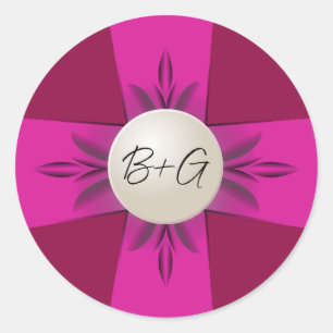 Sticker Rond Gras Magenta et vin Monogram Pearl Ribbon Mariage