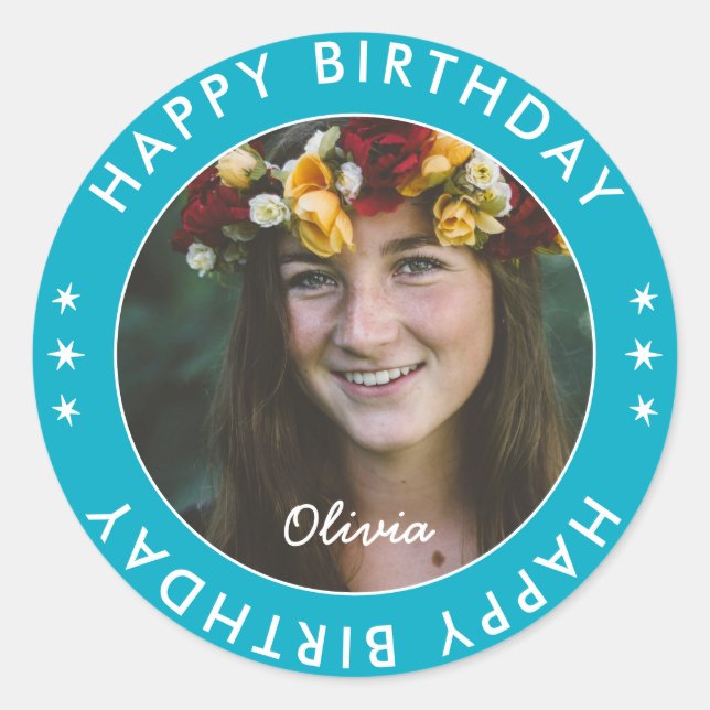 Sticker Rond Gras Moderne Simple Vert Joyeux Anniversaire Photo (Devant)