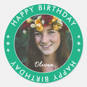 Sticker Rond Gras Moderne Simple Vert Joyeux Anniversaire Photo