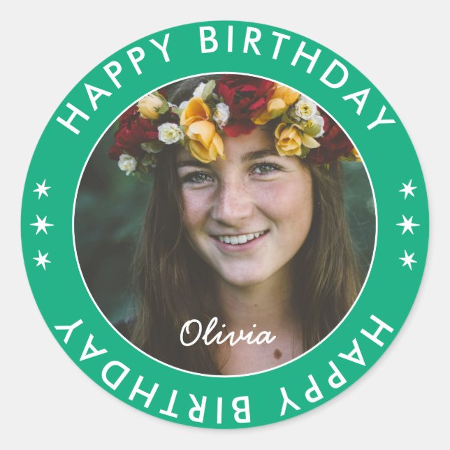 Sticker Rond Gras Moderne Simple Vert Joyeux Anniversaire Photo (Devant)