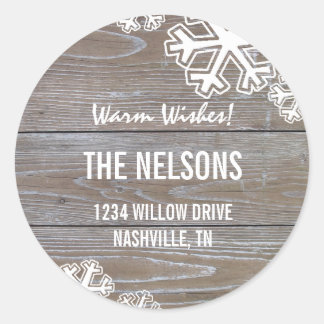 Sticker Rond Gras Snowflakes sur un Arrière - plan en bois