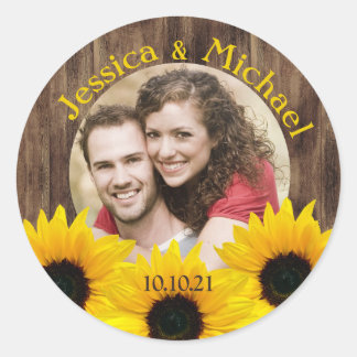 Sticker Rond Gras Sunflower Wood Photo Wedding Enregistrer la d
