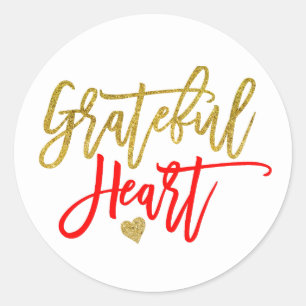 Sticker Rond Grateful Heart Thanksgiving Red Gold script Blanc
