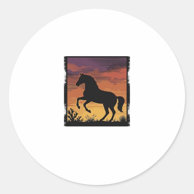 Sticker Rond Gravure occidentale silhouette de cheval au couche (Devant)