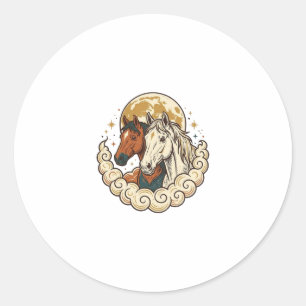 Sticker Rond Gravure Vintage Chevaux Cosmiques Art Lune