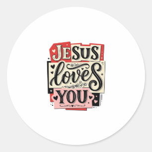 Sticker Rond Gravure vintage Jésus t'aime Typographie chrétienn