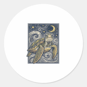 Sticker Rond Gravure Vintage Tortue de Mer Nuit Étoilée