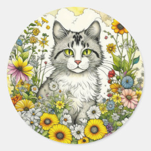 Sticker Rond Gray Kitty Chat assis en Fleurs