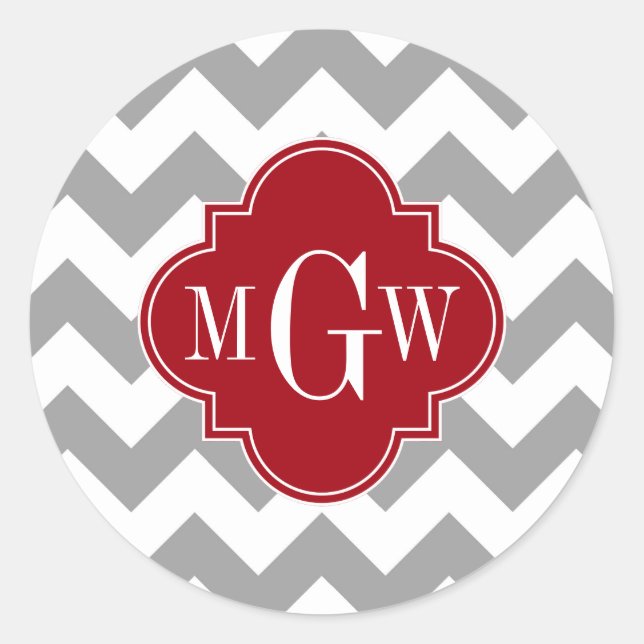 Sticker Rond Gray Wht Chevron Cranberry Quatrefoil 3 monogram (Devant)