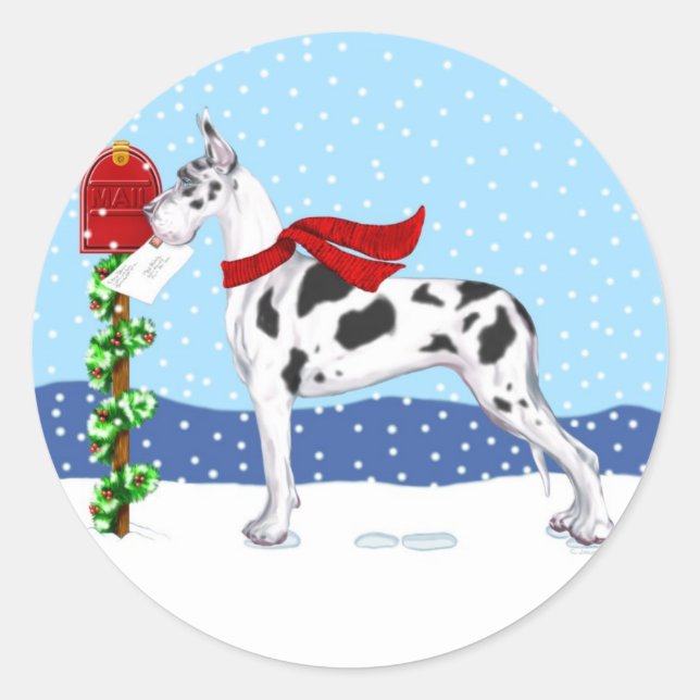 Sticker Rond Great Dane Christmas Mail Arlequin (Devant)