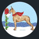 Sticker Rond Great Dane Christmas Mail Brindle<br><div class="desc">Noël avec des Danois de Danes-R-Us : Ce Grand Danois se promène dans la neige pour emmener ses voeux de Fêtes à la boîte aux lettres en portant son foulard tricoté rouge.</div>