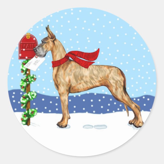 Sticker Rond Great Dane Christmas Mail Brindle (Devant)