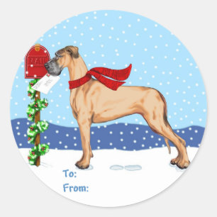 Sticker Rond Great Dane Christmas Mail Fawn UC Tags cadeaux