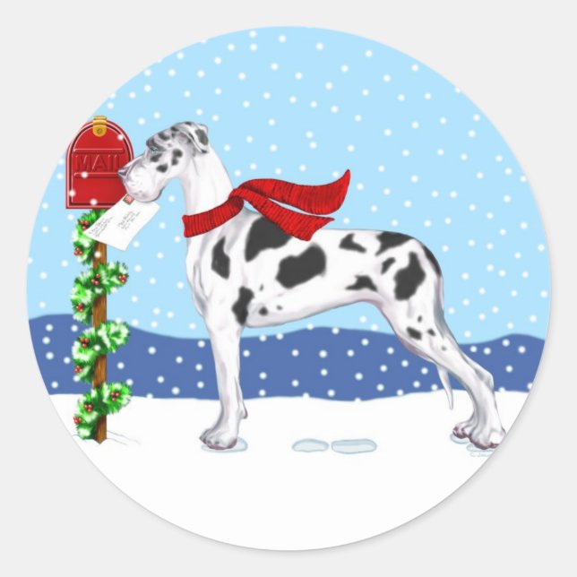 Sticker Rond Great Dane Christmas Mail Harlequin UC (Devant)