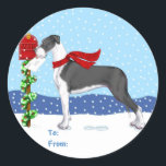 Sticker Rond Great Dane Christmas Mail Mantle UC Tags cadeaux<br><div class="desc">Noël avec des Danois de Danes-R-Us : Ce Grand Danois se promène dans la neige pour emmener ses voeux de Fêtes à la boîte aux lettres en portant son foulard tricoté rouge.</div>