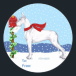 Sticker Rond Great Dane Christmas Mail White Tags cadeaux<br><div class="desc">Noël avec des Danois de Danes-R-Us : Ce Grand Danois se promène dans la neige pour emmener ses voeux de Fêtes à la boîte aux lettres en portant son foulard tricoté rouge.</div>