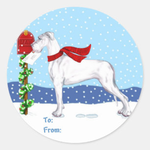 Sticker Rond Great Dane Christmas Mail White UC Tags cadeaux