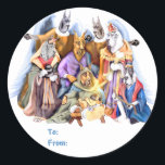 Sticker Rond Great Dane Christmas Nativité Tags cadeaux<br><div class="desc">Les Anges de Noir & Bleu donnent leurs grâces comme les 3 rois de l'Arlequin,  du Mantle & Merle des dons d'Os,  de Kongs et de colliers Bejeweled à la Sainte Famille de Fawn & Brindle. Great Dane chien La crèche est adorable et préférée de nombreux visiteurs Danes-R-Us.</div>