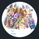 Sticker Rond Great Dane Christmas Nativité Tags cadeaux<br><div class="desc">Les Anges de Noir & Bleu donnent leurs grâces comme les 3 rois de l'Arlequin,  du Mantle & Merle des dons d'Os,  de Kongs et de colliers Bejeweled à la Sainte Famille de Fawn & Brindle. Great Dane chien La crèche est adorable et préférée de nombreux visiteurs Danes-R-Us.</div>