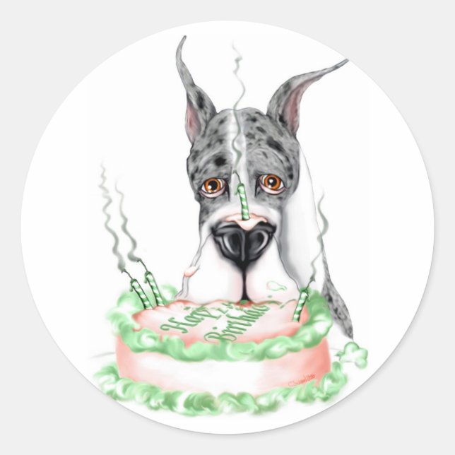 Sticker Rond Great Dane Merle gâteau d'anniversaire (Devant)