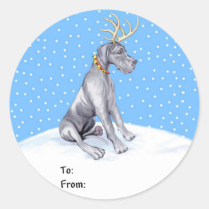 Sticker Rond Great Dane Reindeer Christmas Blue UC Tags cadeaux