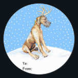 Sticker Rond Great Dane Reindeer Christmas Brindle UC Tags cade<br><div class="desc">Vêtus de bois et d'un collier de cloche à sonnette rouge,  les Dane Deer sont prêts à vous aider à entrer dans l'Esprit de Noël et sont sûrs d'être un favori.</div>