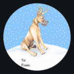 Sticker Rond Great Dane Reindeer Christmas Fawn Tags cadeaux<br><div class="desc">Vêtus de bois et d'un collier de cloche à sonnette rouge,  les Dane Deer sont prêts à vous aider à entrer dans l'Esprit de Noël et sont sûrs d'être un favori.</div>