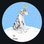 Sticker Rond Great Dane Reindeer Christmas Harle UC Tags cadeau<br><div class="desc">Vêtus de bois et d'un collier de cloche à sonnette rouge - l'Arlequin Dane Deer est prêt à vous aider à entrer dans l'Esprit de Noël en cette saison de Noël et vous serez certainement un favori.</div>