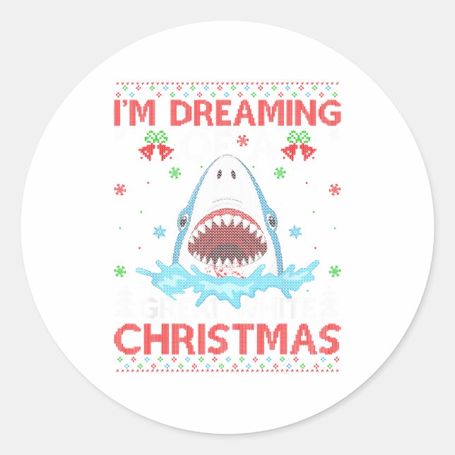 Sticker Rond Great White Shark Ugly Xmas Sweater Shark Fishing  (Devant)