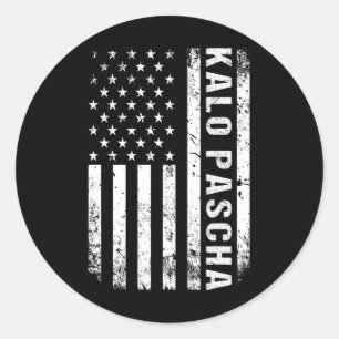 Sticker Rond Grec Pâques Kalo Pascha Retro Us Drapeau Amérique 