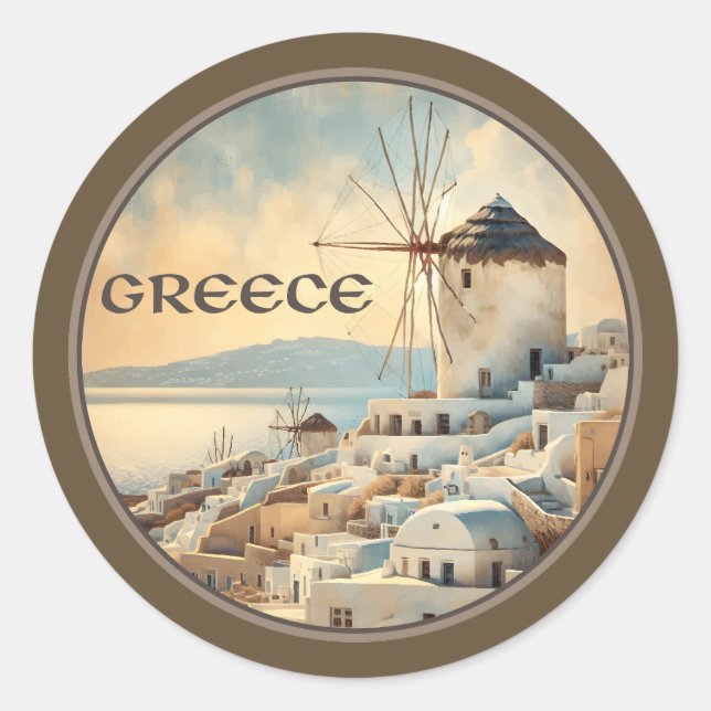 Sticker Rond Grèce Moulins à vent de Mykonos (Devant)