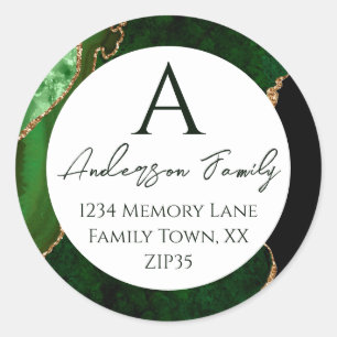 Sticker Rond Green Agate Monogram Adresse de famille