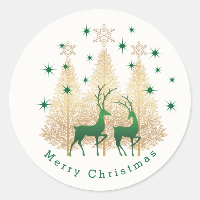 Sticker Rond Green and gold Christmas tree, reindeer (Devant)