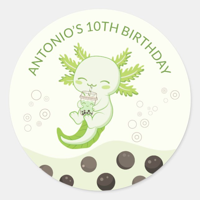 Sticker Rond Green Axolotl Bubble Milk Boba Tea Anniversaire (Devant)