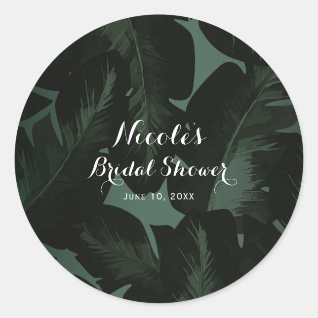 Sticker Rond Green & Black Chic Tropical Feuilles Mariage Faveu (Devant)