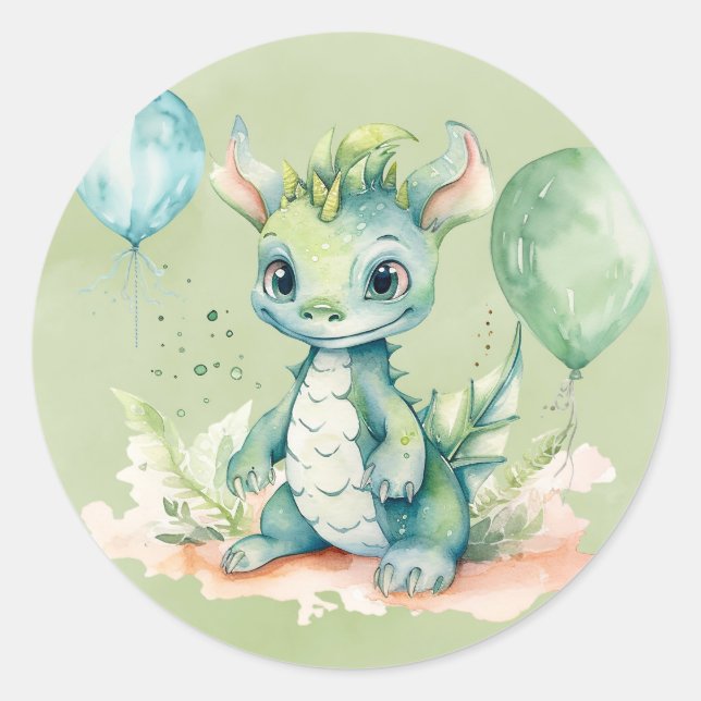 Sticker Rond Green Blue Watercolor Dragon Boy Baby shower (Devant)