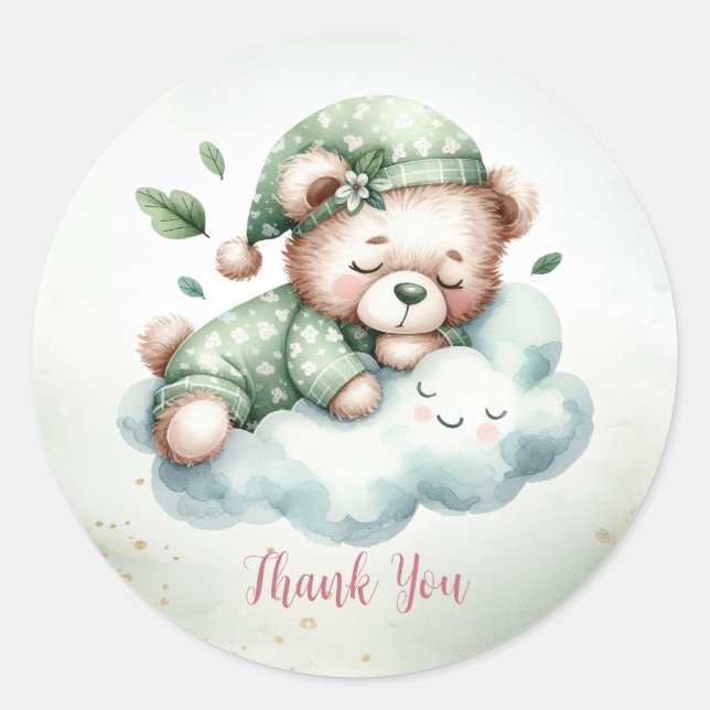 Sticker Rond Green Boho Sleeping Teddy Bear mignonne Party (Devant)