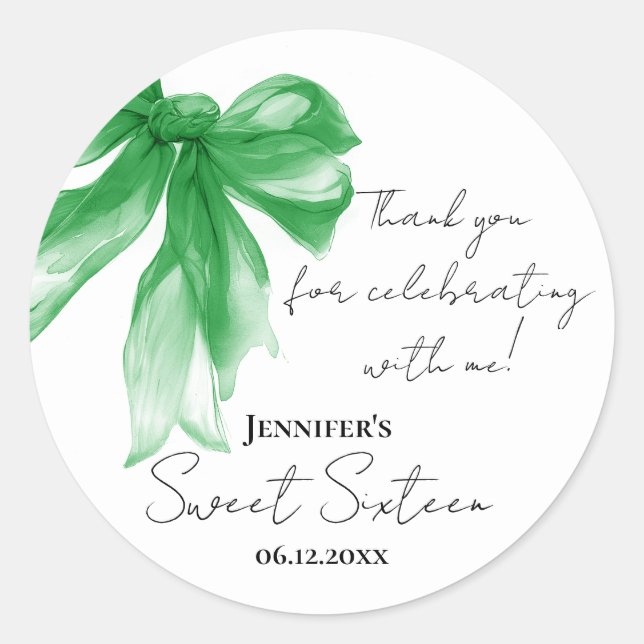 Sticker Rond Green Bow Coquette Script Sweet 16 Remerciement  (Devant)