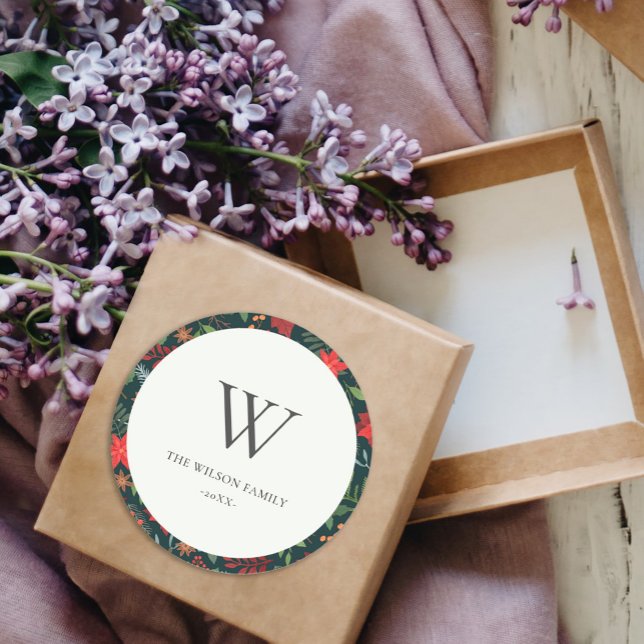 Sticker Rond Green Brown Berry Christmas Flora Pattern Monogram (Créateur téléchargé)