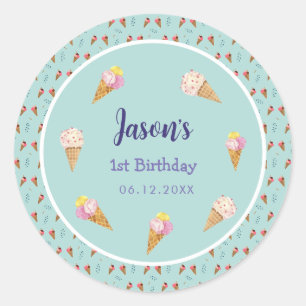 Sticker Rond Green Cute Crème glacée Cone Enfants Garçon Annive