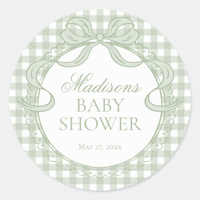 Sticker Rond Green Gingham Coquette Bow Baby Shower Seal (Devant)