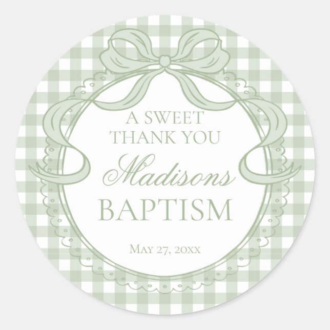Sticker Rond Green Gingham Coquette Bow Baptism Favor (Devant)
