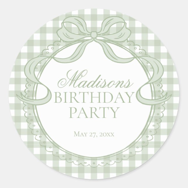 Sticker Rond Green Gingham Coquette Bow Birthday Seal (Devant)