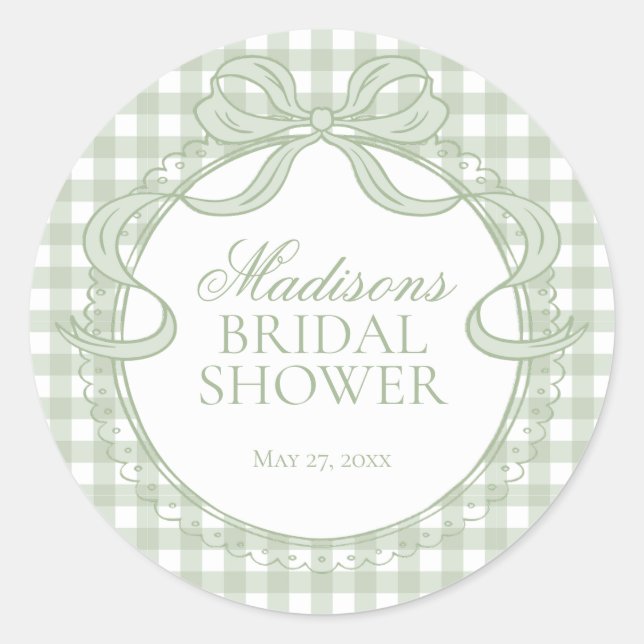 Sticker Rond Green Gingham Coquette Bow Bridal Shower Seal (Devant)
