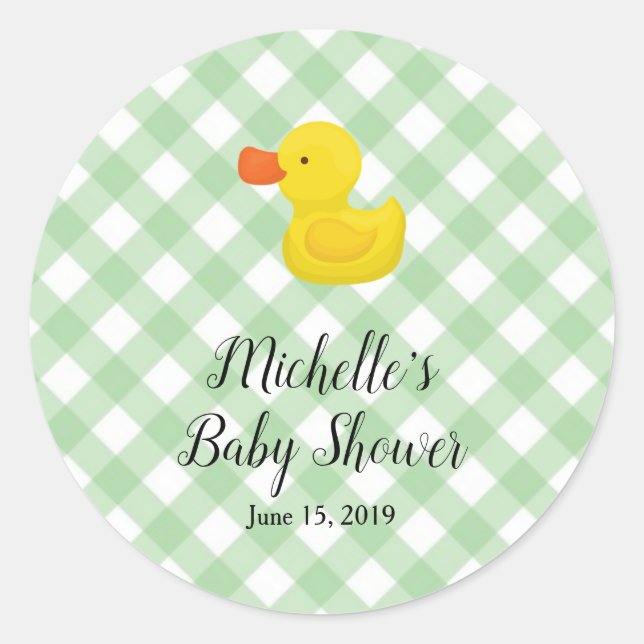 Sticker Rond Green Gingham Rubber Duckie Baby Shower  (Devant)