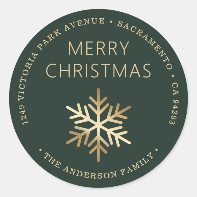 Sticker Rond Green Gold Christmas Snowflake Return Address (Devant)